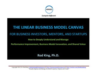                            

                                                             
                                                          HEROES

                                                                                 
                                                  Compete Different 




   THE LINEAR BUSINESS MODEL CANVAS 
FOR BUSINESS INVESTORS, MENTORS, AND STARTUPS 
                           How to Deeply Understand and Manage  
Performance Improvement, Business Model Innovation, and Shared Value 

                                                                 
                                           Rod King, Ph.D. 


 Copyright 2012. Dr. Rod King. rodkuhnking@sbcglobal.net & http://businessmodels.ning.com & http://twitter.com/RodKuhnKing 
                              “Visually Organize and Manage the World’s Systems, Projects, and Trends” 
 