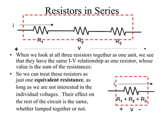 Resistors in Series
• When we look at all three resistors together as one unit, we see
that they have the same I-V relationship as one resistor, whose
value is the sum of the resistances:
• So we can treat these resistors as
just one equivalent resistance, as
long as we are not interested in the
individual voltages. Their effect on
the rest of the circuit is the same,
whether lumped together or not.
i
R1 R2 R3
+ -v
i
+ v -
R1 + R2 + R3
 