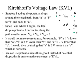 Kirchhoff’s Voltage Law (KVL)
• Suppose I add up the potential drops
around the closed path, from “a” to “b”
to “c” and back to “a”.
• Since I end where I began, the total
drop in potential I encounter along the
path must be zero: Vab + Vbc + Vca = 0
• It would not make sense to say, for example, “b” is 1 V lower
than “a”, “c” is 2 V lower than “b”, and “a” is 3 V lower than
“c”. I would then be saying that “a” is 6 V lower than “a”,
which is nonsense!
• We can use potential rises throughout instead of potential
drops; this is an alternative statement of KVL.
a b
c
+ Vab -
+
Vbc
-
 
