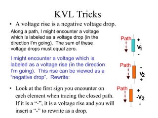 KVL Tricks
• A voltage rise is a negative voltage drop.
• Look at the first sign you encounter on
each element when tracing the closed path.
If it is a “-”, it is a voltage rise and you will
insert a “-” to rewrite as a drop.
+
-
V2
Path
+
-
V1
Path
Along a path, I might encounter a voltage
which is labeled as a voltage drop (in the
direction I’m going). The sum of these
voltage drops must equal zero.
I might encounter a voltage which is
labeled as a voltage rise (in the direction
I’m going). This rise can be viewed as a
“negative drop”. Rewrite:
+
-V2
Path
-
 