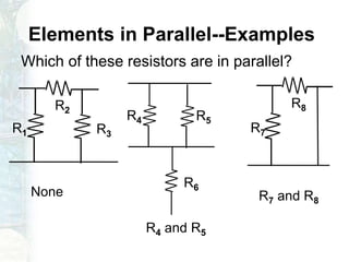 Elements in Parallel--Examples
Which of these resistors are in parallel?
R1
R2
R3
R4 R5
R6
R7
R8
None
R4 and R5
R7 and R8
 
