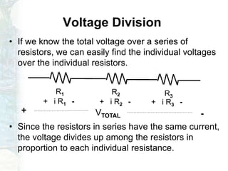 Voltage Division
• If we know the total voltage over a series of
resistors, we can easily find the individual voltages
over the individual resistors.
• Since the resistors in series have the same current,
the voltage divides up among the resistors in
proportion to each individual resistance.
R1 R2 R3
+ i R1 - + i R2 - + i R3 -
+ -VTOTAL
 