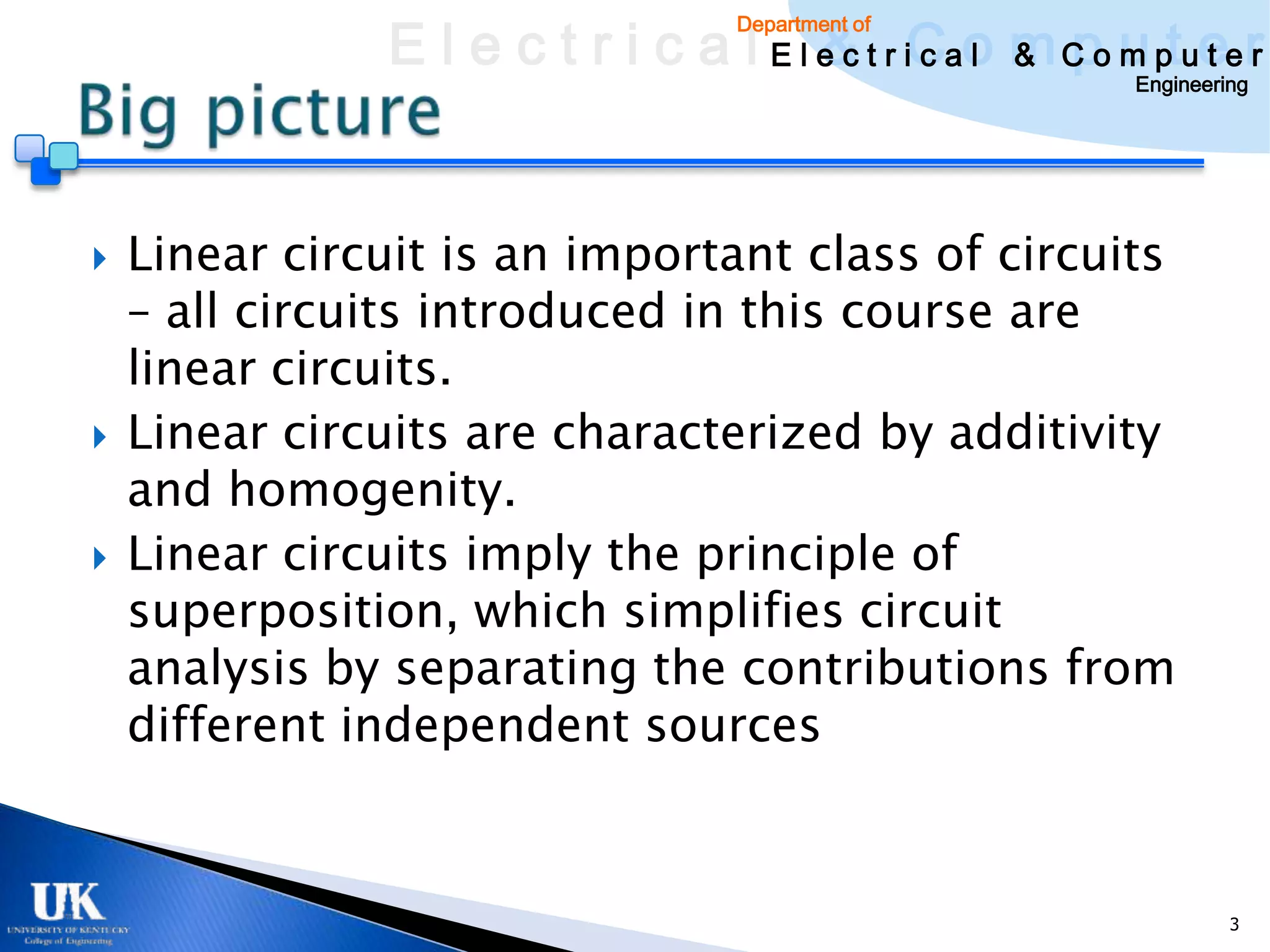 E l e c t r i c a l E l e c t r iCao m C o u ptuee r
                                       & c l & pm t r
                                   Department of

                                                           Engineering




   Linear circuit is an important class of circuits
    – all circuits introduced in this course are
    linear circuits.
   Linear circuits are characterized by additivity
    and homogenity.
   Linear circuits imply the principle of
    superposition, which simplifies circuit
    analysis by separating the contributions from
    different independent sources


                                                                    3
 
