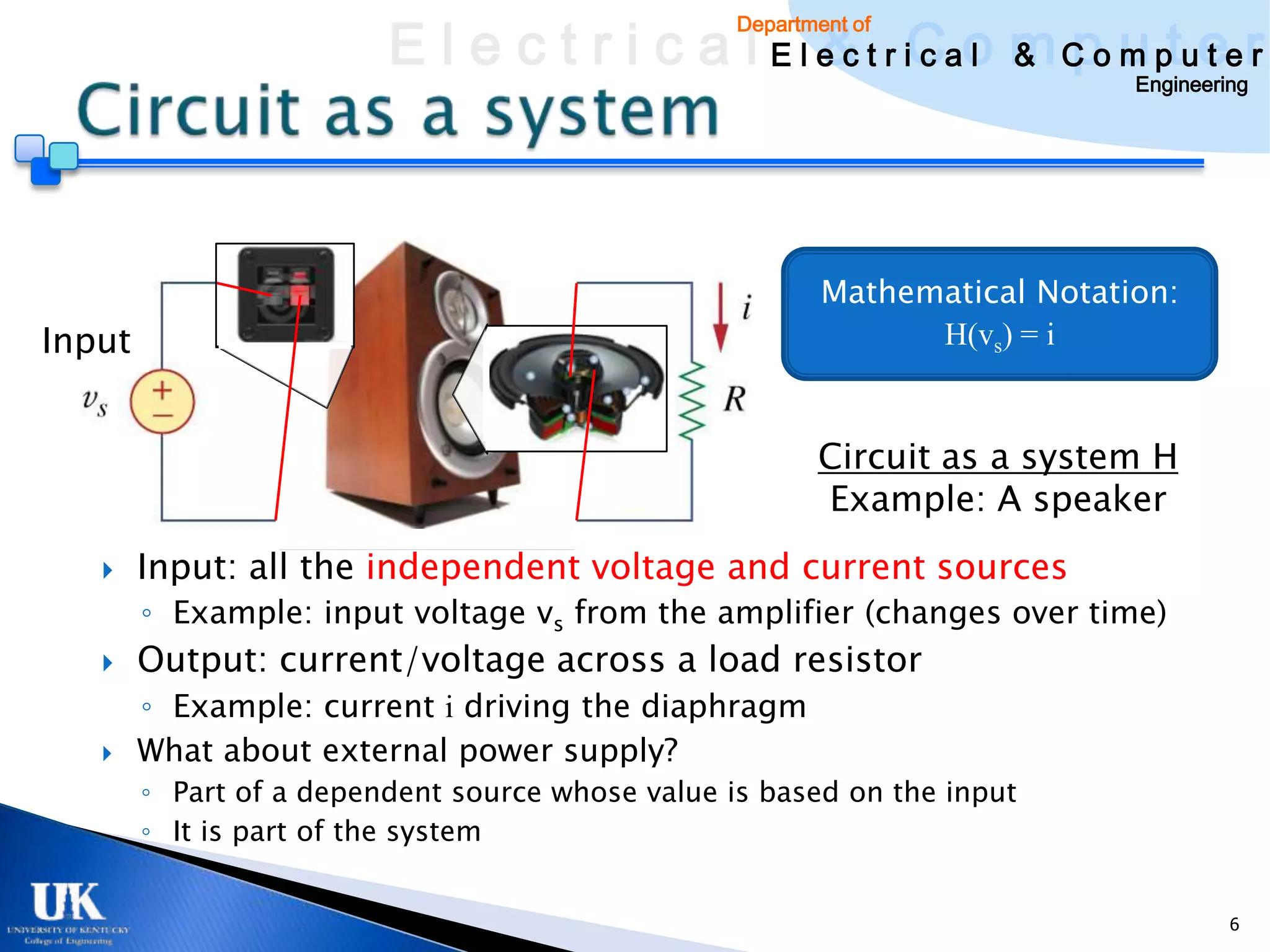 E l e c t r i c a l E l e c t r iCao m C o u ptuee r
                                                 & c l & pm t r
                                                  Department of

                                                                             Engineering




                                                          Mathematical Notation:
Input                                                           H(vs) = i


                                                         Circuit as a system H
                                                         Example: A speaker
       Input: all the independent voltage and current sources
        ◦ Example: input voltage vs from the amplifier (changes over time)
       Output: current/voltage across a load resistor
        ◦ Example: current i driving the diaphragm
       What about external power supply?
        ◦ Part of a dependent source whose value is based on the input
        ◦ It is part of the system


                                                                                      6
 