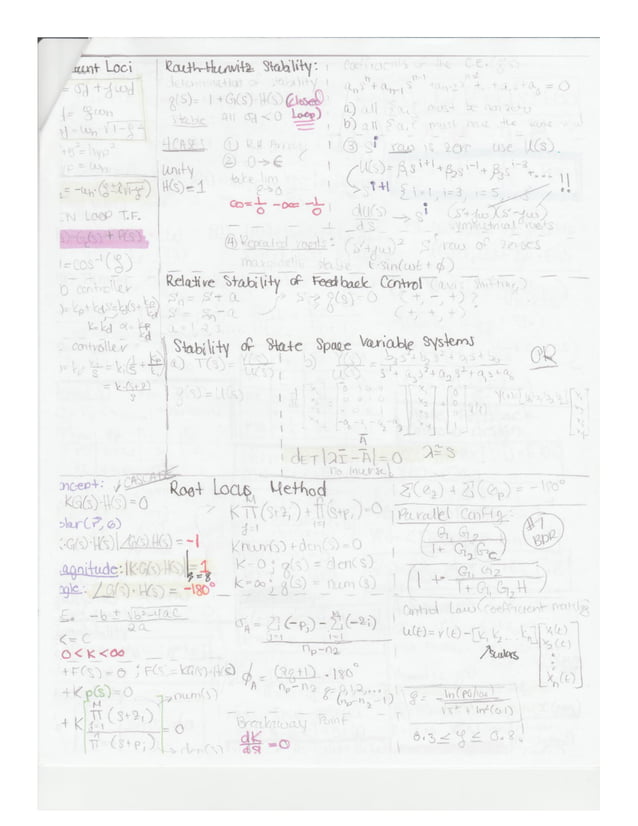 Linear control systems exam(s) hand written formula sheet | PDF