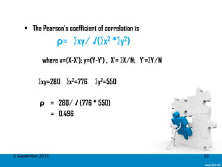• The Pearson’s coefficient of correlation is
                   ρ= ∑xy ∕ √(∑x2 *∑y2)
             where x=(X-X’); y=(Y-Y’) , X'= ∑X ∕ N; Y’=∑Y ∕ N

           ∑xy=280 ∑x2=776        ∑y2=550

           ρ = 280 ∕ √ (776 * 550)
             = 0.496




3 September 2012                                                33
 