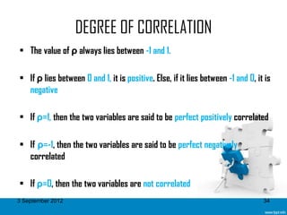 DEGREE OF CORRELATION
• The value of ρ always lies between -1 and 1.

• If ρ lies between 0 and 1, it is positive. Else, if it lies between -1 and 0, it is
  negative

• If ρ=1, then the two variables are said to be perfect positively correlated

• If ρ=-1, then the two variables are said to be perfect negatively
  correlated

• If ρ=0, then the two variables are not correlated
3 September 2012                                                                  34
 