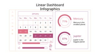 Linear Dashboard
Infographics
January
Su Mo Tu We Th Fr Sa
1 2 3 4
5 6 7 8 9 10 11
12 13 14 15 16 17 18
19 20 21 22 23 24 25
26 27 28 29 30 31
71
%
87
%
71%
Mercury
Mercury is the
smallest planet
87%
Jupiter
Jupiter is the
biggest planet
 