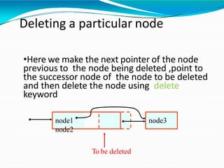 Deleting a particular node
•Here we make the next pointer of the node
previous to the node being deleted ,point to
the successor node of the node to be deleted
and then delete the node using delete
keyword
node1
node2
node3
To be deleted
 