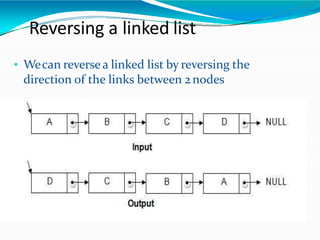 Reversing a linked list
• Wecan reverse a linked list by reversing the
direction of the links between 2nodes
 