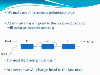  We make useof 3 structurepointers say p,q,r
 Atany instantq will point to the node next topand r
will point to the node next toq
NULLHead P
NULL
• For next iteration p=q andq=r
• At the end wewill change head to the last node
qp rq
 