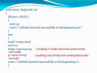 void insert_beg(node *p)
{
if(start==NULL)
{
start=p;
cout<<"nNode inserted successfully at thebeginningm";
}
else
{
node* temp=start;
start=p;
//making 1st node’s previous point tothe
//making nextof the new node point to the
temp->previous=p;
new node
p->next=temp;
1st node
cout<<"nNode inserted successfully at thebeginningn";
}
 