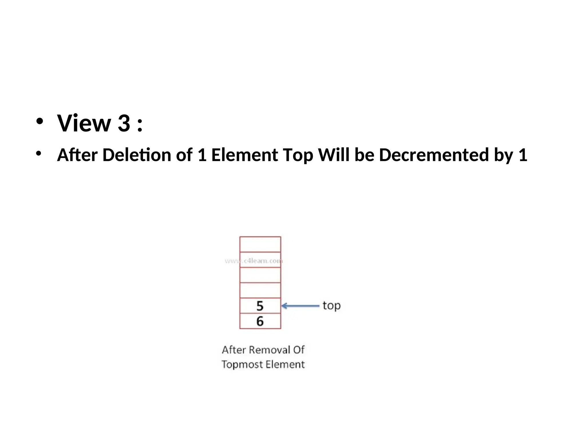 • View 3 : • After Deletion of 1 Element Top Will be Decremented by 1 