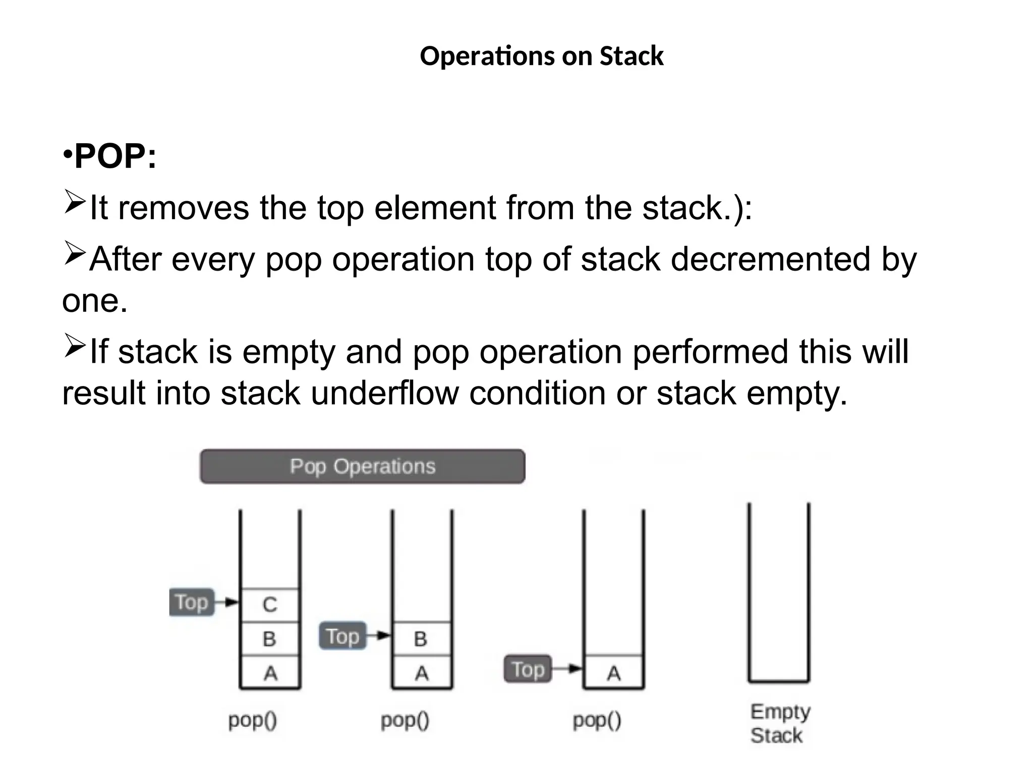 Operations on Stack Representation of Stack in Memory The stack  •POP: I It removes the top element from the stack.): After every pop operation top of stack decremented by one. If stack is empty and pop operation performed this will result into stack underflow condition or stack empty. he stack 