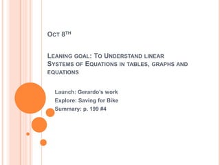 OCT 8TH
LEANING GOAL: TO UNDERSTAND LINEAR
SYSTEMS OF EQUATIONS IN TABLES, GRAPHS AND
EQUATIONS
Launch: Gerardo’s work
Explore: Saving for Bike
Summary: p. 199 #4
 