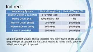 12
Indirect
System
Numbering System Unit of Length (L) Unit of Weight (W)
English Cotton Count (Ne) 840 yards (yds) 1 pound (Ib)
Metric Count (Nm) 1000 meters/1 km 1 kg
Woolen Count (YSW) 256 yards 1 pound (Ib)
Worsted Count (NeK) 560 yards 1 pound (Ib)
Linen Count (NeL) 300 yards 1 pound (Ib)
English Cotton Count: The Ne indicates how many hanks of 840 yards
length weight of 1 pound. So that 32 Ne means 32 hanks of 840 yards i.e.
32840 yards length of 1 pound.
 