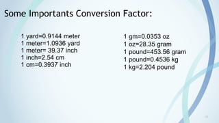 16
Some Importants Conversion Factor:
1 yard=0.9144 meter
1 meter=1.0936 yard
1 meter= 39.37 inch
1 inch=2.54 cm
1 cm=0.3937 inch
1 gm=0.0353 oz
1 oz=28.35 gram
1 pound=453.56 gram
1 pound=0.4536 kg
1 kg=2.204 pound
 