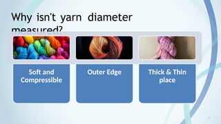 4
Why isn't yarn diameter
measured?
Soft and
Compressible
Outer Edge Thick & Thin
place
 