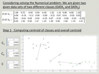 Considering solving the Numerical problem: We are given two
given data sets of two different classes (DATA1 and DATA2)
Step 1- Computing centroid of classes and overall centroid
C1
C2
C
 