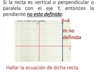 Si la recta es vertical o perpendicular o 
paralela con el eje Y, entonces la 
pendiente no esta definida: 
X=4 
m no 
definida 
Hallar la ecuación de dicha recta. 
 
