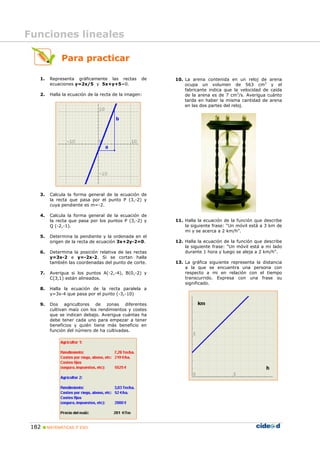 182 MATEMÁTICAS 3º ESO
Para practicar
1. Representa gráficamente las rectas de
ecuaciones y=2x/5 y 5x+y+5=0.
2. Halla la ecuación de la recta de la imagen:
3. Calcula la forma general de la ecuación de
la recta que pasa por el punto P (3,-2) y
cuya pendiente es m=-2.
4. Calcula la forma general de la ecuación de
la recta que pasa por los puntos P (3,-2) y
Q (-2,-1).
5. Determina la pendiente y la ordenada en el
origen de la recta de ecuación 3x+2y-2=0.
6. Determina la posición relativa de las rectas
y=3x-2 e y=-2x-2. Si se cortan halla
también las coordenadas del punto de corte.
7. Averigua si los puntos A(-2,-4), B(0,-2) y
C(3,1) están alineados.
8. Halla la ecuación de la recta paralela a
y=3x-4 que pasa por el punto (-3,-10)
9. Dos agricultores de zonas diferentes
cultivan maíz con los rendimientos y costes
que se indican debajo. Averigua cuántas ha
debe tener cada uno para empezar a tener
beneficios y quién tiene más beneficio en
función del número de ha cultivadas.
10. La arena contenida en un reloj de arena
ocupa un volumen de 563 cm3
y el
fabricante indica que la velocidad de caída
de la arena es de 7 cm3
/s. Averigua cuánto
tarda en haber la misma cantidad de arena
en las dos partes del reloj.
11. Halla la ecuación de la función que describe
la siguiente frase: “Un móvil está a 3 km de
mi y se acerca a 2 km/h”.
12. Halla la ecuación de la función que describe
la siguiente frase: “Un móvil está a mi lado
durante 1 hora y luego se aleja a 2 km/h”.
13. La gráfica siguiente representa la distancia
a la que se encuentra una persona con
respecto a mi en relación con el tiempo
transcurrido. Expresa con una frase su
significado.
Funciones lineales
 