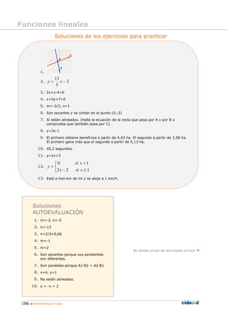 186 MATEMÁTICAS 3º ESO
1.
2. 2
5
13
−= xy
3. 2x+y-4=0
4. x+5y+7=0
5. m=-3/2, n=1
6. Son secantes y se cortan en el punto (0,-2)
7. Sí están alineados. (Halla la ecuación de la recta que pasa por A y por B y
comprueba que también pasa por C).
8. y=3x-1
9. El primero obtiene beneficios a partir de 4,43 ha. El segundo a partir de 3,58 ha.
El primero gana más que el segundo a partir de 5,13 ha.
10. 40,2 segundos.
11. y=2x+3
12.
⎩
⎨
⎧
≥−
<
=
122
10
xsix
xsi
y
13. Está a tres km de mi y se aleja a 1 km/h.
Soluciones de los ejercicios para practicar
No olvides enviar las actividades al tutor
Funciones lineales
Soluciones
AUTOEVALUACIÓN
1. m=-3, n=-5
2. n=-13
3. n=2/3≈0,66
4. m=-1
5. m=2
6. Son secantes porque sus pendientes
son diferentes.
7. Son paralelas porque A1·B2 = A2·B1
8. x=4, y=1
9. No están alineados.
10. y = -x + 2
 