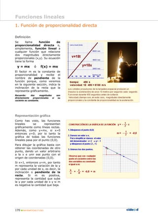 170 MATEMÁTICAS 3º ESO
1. Función de proporcionalidad directa
Definición
Se llama función de
proporcionalidad directa o,
simplemente, función lineal a
cualquier función que relacione
dos magnitudes directamente
proporcionales (x,y). Su ecuación
tiene la forma
y = mx ó f(x) = mx
El factor m es la constante de
proporcionalidad y recibe el
nombre de pendiente de la
función porque, como veremos
en la siguiente sección, indica la
inclinación de la recta que la
representa gráficamente.
Recuerda: dos magnitudes son
directamente proporcionales si su
cociente es constante.
Representación gráfica
Como has visto, las funciones
lineales se representan
gráficamente como líneas rectas.
Además, como y=mx, si x=0
entonces y=0; por lo tanto la
gráfica de todas las funciones
lineales pasa por el punto (0,0).
Para dibujar la gráfica basta con
obtener las coordenadas de otro
punto, dando un valor arbitrario
a la x e unir ese punto con el
origen de coordenadas (0,0).
Si x=1, entonces y=m, por tanto
m representa la variación de la y
por cada unidad de x, es decir, la
inclinación o pendiente de la
recta. Si m es positiva,
representa la cantidad que sube
la y por cada unidad de x y si m
es negativa la cantidad que baja.
Funciones lineales
 