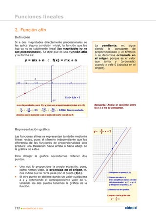 172 MATEMÁTICAS 3º ESO
2. Función afín
Definición
Si a dos magnitudes directamente proporcionales se
les aplica alguna condición inicial, la función que las
liga ya no es totalmente lineal (las magnitudes ya no
son proporcionales). Se dice que es una función afín
y su forma es:
y = mx + n ó f(x) = mx + n
Representación gráfica
Las funciones afines se representan también mediante
líneas rectas, pues el término independiente que las
diferencia de las funciones de proporcionalidad solo
produce una traslación hacia arriba o hacia abajo de
la gráfica de éstas.
Para dibujar la gráfica necesitamos obtener dos
puntos.
• Uno nos lo proporciona la propia ecuación, pues,
como hemos visto, la ordenada en el origen, n,
nos indica que la recta pasa por el punto (0,n).
• El otro punto se obtiene dando un valor cualquiera
a x y obteniendo el correspondiente valor de y.
Uniendo los dos puntos tenemos la gráfica de la
función.
Recuerda: Ahora el cociente entre
f(x) y x no es constante.
Funciones lineales
La pendiente, m, sigue
siendo la constante de
proporcionalidad y el término
n se denomina ordenada en
el origen porque es el valor
que toma y (ordenada)
cuando x vale 0 (abscisa en el
origen).
 
