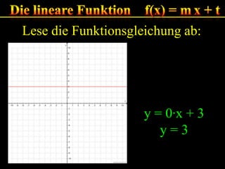 Lese die Funktionsgleichung ab:

y = 0·x + 3
y=3

 