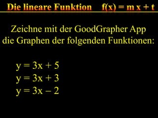 Zeichne mit der GoodGrapher App
die Graphen der folgenden Funktionen:

y = 3x + 5
y = 3x + 3
y = 3x 2

 
