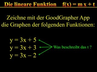 Zeichne mit der GoodGrapher App
die Graphen der folgenden Funktionen:

y = 3x + 5
y = 3x + 3
y = 3x 2

Was beschreibt das t ?

 