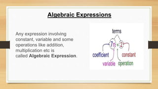 Algebraic Expressions
Any expression involving
constant, variable and some
operations like addition,
multiplication etc is
called Algebraic Expression.
 