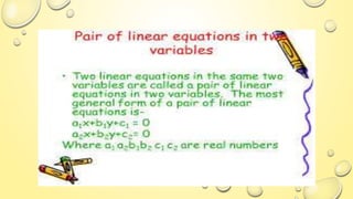  An equation which can be put in the form ax + by + c = 0
where a, b and c are real numbers {a, b ≠ 0) is called a linear...