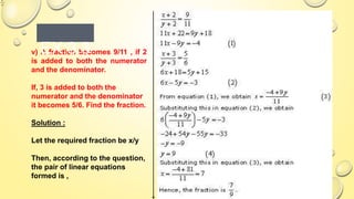 Substitution
method:
Solution:
(ii) 3x + 4y = 10 ……………………(1)
2x – 2y = 2 ; x – y = 1………….(2)
EX:3.4
:
 