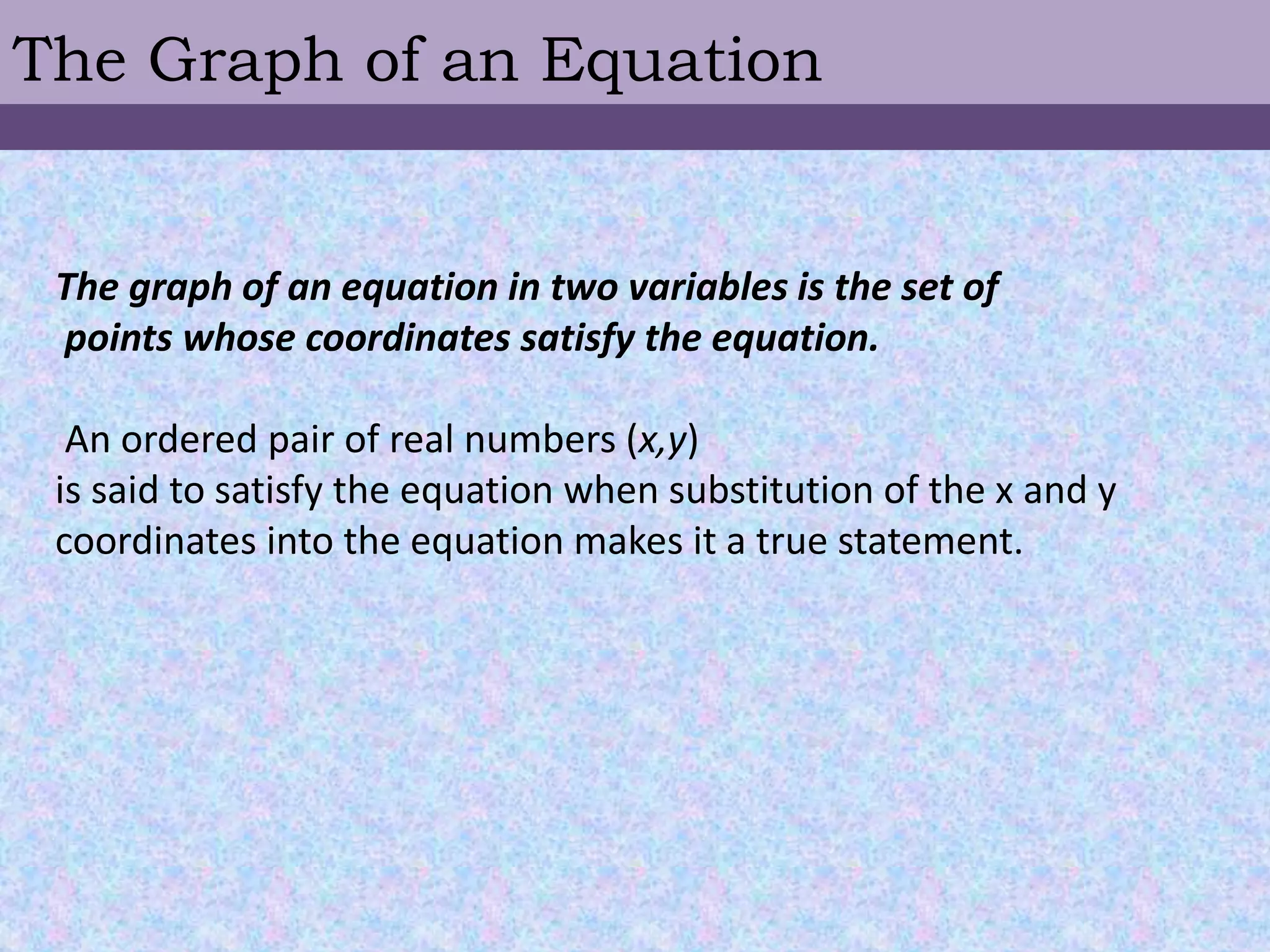 The Graph of an Equation
The graph of an equation in two variables is the set of
points whose coordinates satisfy the equation.
An ordered pair of real numbers (x,y)
is said to satisfy the equation when substitution of the x and y
coordinates into the equation makes it a true statement.
 