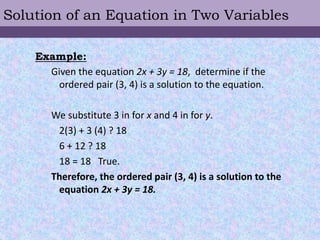 Example:
Given the equation 2x + 3y = 18, determine if the
ordered pair (3, 4) is a solution to the equation.
We substitut...