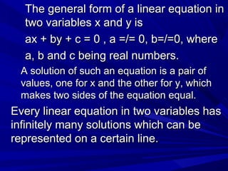 The general form of a linear equation inThe general form of a linear equation in
two variables x and y istwo variables x and y is
ax + by + c = 0 , a =/= 0, b=/=0, whereax + by + c = 0 , a =/= 0, b=/=0, where
a, b and c being real numbers.a, b and c being real numbers.
A solution of such an equation is a pair ofA solution of such an equation is a pair of
values, one for x and the other for y, whichvalues, one for x and the other for y, which
makes two sides of the equation equal.makes two sides of the equation equal.
Every linear equation in two variables hasEvery linear equation in two variables has
infinitely many solutions which can beinfinitely many solutions which can be
represented on a certain line.represented on a certain line.
 