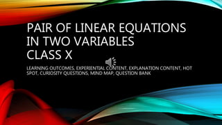 PAIR OF LINEAR EQUATIONS
IN TWO VARIABLES
CLASS X
LEARNING OUTCOMES, EXPERIENTIAL CONTENT, EXPLANATION CONTENT, HOT
SPOT, CURIOSITY QUESTIONS, MIND MAP, QUESTION BANK
 