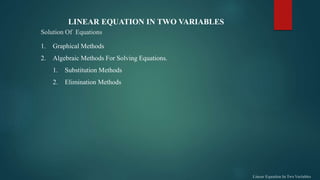 Solution Of Equations
LINEAR EQUATION IN TWO VARIABLES
1. Graphical Methods
2. Algebraic Methods For Solving Equations.
1. Substitution Methods
2. Elimination Methods
 