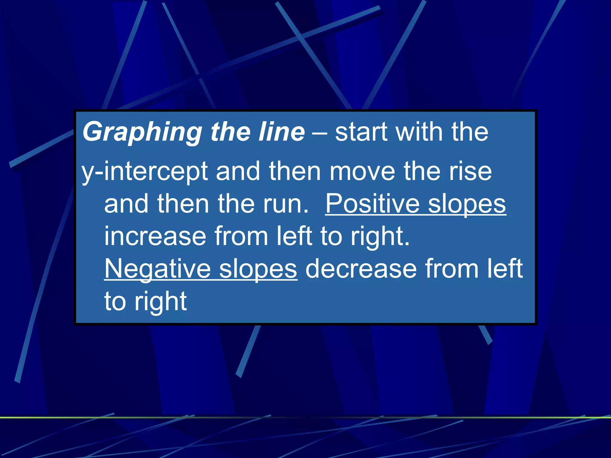 Graphing the line – start with the y-intercept and then move the rise and then the run. Positive slopes increase from left to right. Negative slopes decrease from left to right