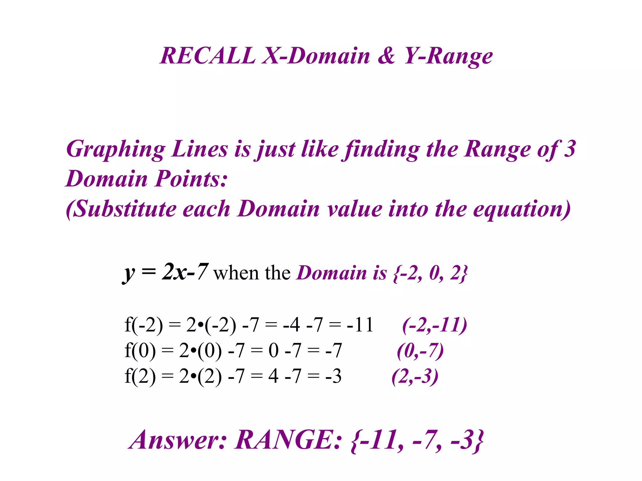 RECALL X-Domain & Y-Range y = 2x-7  when the  Domain is {-2, 0, 2} f(-2) = 2•(-2) -7 = -4 -7 = -11  (-2,-11) f(0) = 2•(0) -7 = 0 -7 = -7  (0,-7) f(2) = 2•(2) -7 = 4 -7 = -3  (2,-3) Answer: RANGE: {-11, -7, -3} Graphing Lines is just like finding the Range of 3 Domain Points: (Substitute each Domain value into the equation) 