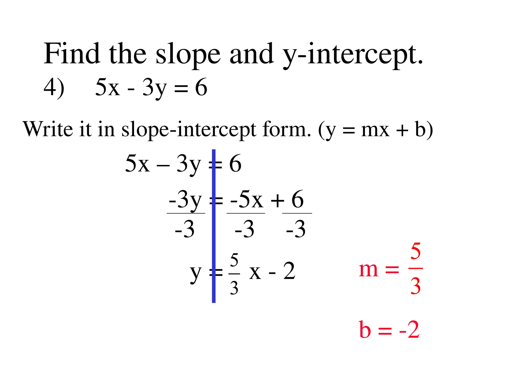 -3 -3 -3
Find the slope and y-intercept.
4) 5x - 3y = 6
Write it in slope-intercept form. (y = mx + b)
5x – 3y = 6
-3y = -5x + 6
y = x - 2
5
3
m =
b = -2
5
3
 