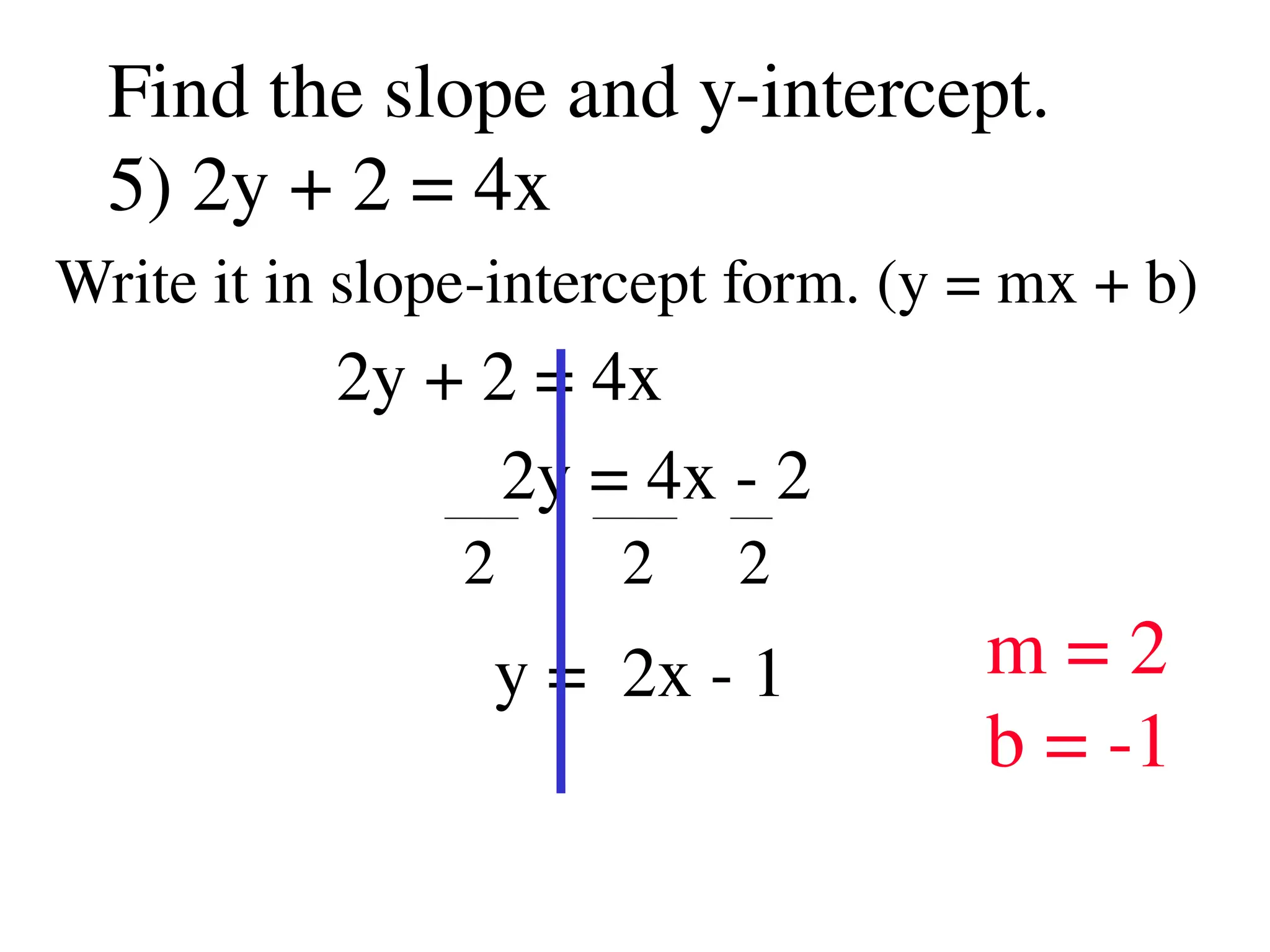 Write it in slope-intercept form. (y = mx + b)
2y + 2 = 4x
2y = 4x - 2
y = 2x - 1
Find the slope and y-intercept.
5) 2y + 2 = 4x
2 2 2
m = 2
b = -1
 