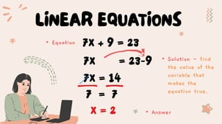 • Equation
• Answer
• Solution - find
the value of the
variable that
makes the
equation true.
 