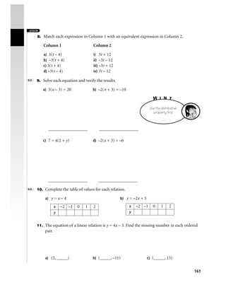 LESSON

      8. Match each expression in Column 1 with an equivalent expression in Column 2.

         Column 1                     Column 2

         a) 3(t – 4)                  i) 3t + 12
         b) –3(t + 4)                 ii) –3t – 12
         c) 3(t + 4)                  iii) –3t + 12
         d) –3(t – 4)                 iv) 3t – 12

6.5   9. Solve each equation and verify the results.

         a) 5(a – 3) = 20             b) –2(n + 3) = –10

                                                                           H    I N T

                                                                         Use the distributive
                                                                           property first.



            __________________             __________________

         c) 7 = 4(2 + y)              d) –2(x + 3) = –6




            __________________             __________________
6.6   10. Complete the table of values for each relation.

          a) y = x – 4                                 b) y = –2x + 5

                  x   –2 –1   0   1    2                    x   –2 –1      0     1     2
                  y                                         y


      11. The equation of a linear relation is y = 4x – 3. Find the missing number in each ordered
          pair.




          a) (2, _____)               b) (_____, –11)                   c) (_____, 13)


                                                                                                161
 