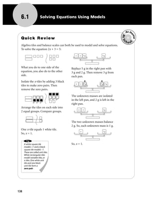 6.1                   Solving Equations Using Models


                                                                                         At Ho




                                                                                     At Sc

                                                                                              me
  Quick Review
                                                                                        hoo




                                                                                             l
  Algebra tiles and balance scales can both be used to model and solve equations.
  To solve the equation 2x + 3 = 5:

                                              x        x   3g          5g




  What you do to one side of the           Replace 5 g in the right pan with
  equation, you also do to the other       3 g and 2 g. Then remove 3 g from
  side.                                    each pan.
  Isolate the x-tiles by adding 3 black
                                               x       x       3g    3g 2g
  tiles to make zero pairs. Then
  remove the zero pairs.

                                           The unknown masses are isolated
                                           in the left pan, and 2 g is left in the
                                           right pan.
  Arrange the tiles on each side into
                                                   x       x           2g
  2 equal groups. Compare groups.


                                           The two unknown masses balance
                                           2 g. So, each unknown mass is 1 g.
  One x-tile equals 1 white tile.
                                                       x               1g
  So, x = 1.

        Tip
      A white square tile                  So, x = 1.
      models +1 and a black
      square tile models –1.
      These are called unit tiles.
      White rectangular tiles
      model variable tiles, or
      x-tiles. One white unit
      tile and one black
      unit tile form a
      zero pair.




138
 