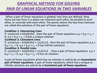 ALGEBRAIC METHOD FOR SOLVING
PAIR OF LINEAR EQUATIONS IN TWO
VARIABLES
There are three Algebraic Methods for solving PAIR
...