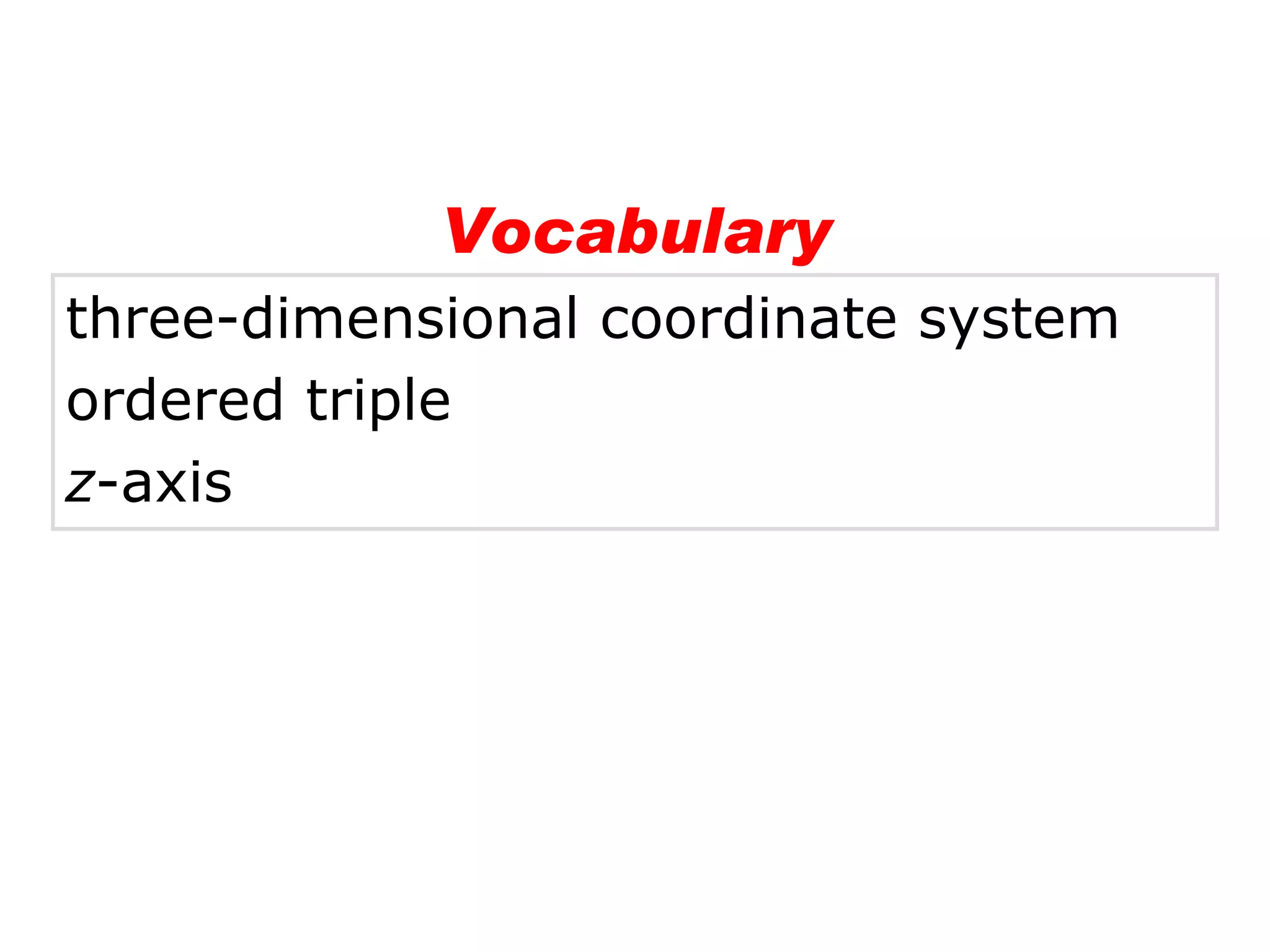 three-dimensional coordinate system ordered triple z -axis Vocabulary 