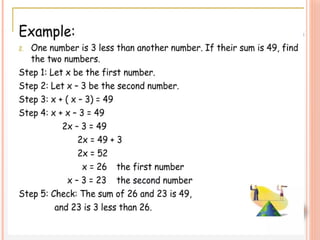 Linear Equations in One Variable including Solving problems on Linear ...