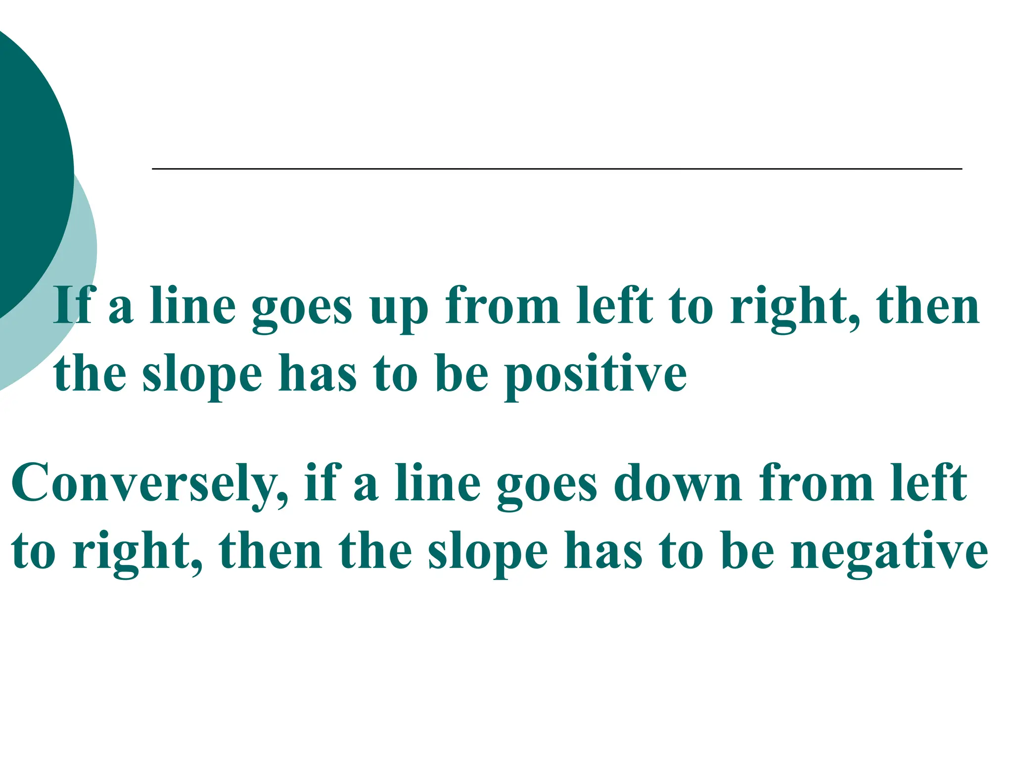If a line goes up from left to right, then
the slope has to be positive
Conversely, if a line goes down from left
to right, then the slope has to be negative
 